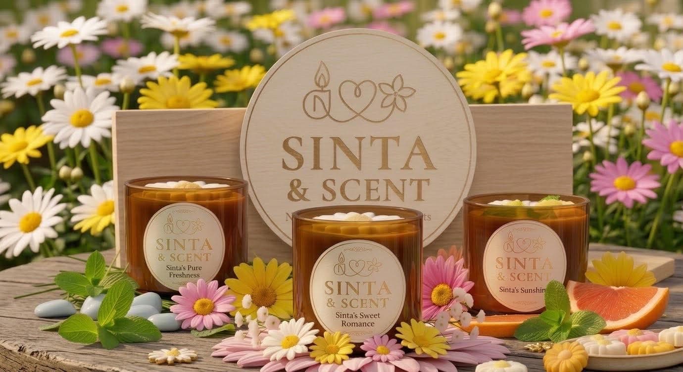 Sinta & Scent candles — Pure Freshness, Sweet Romance and Sunshine — among daisies
